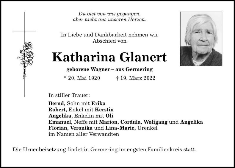 Traueranzeige Katharina Glanert