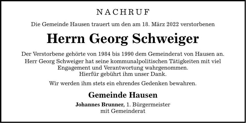 Traueranzeige Georg Schweiger