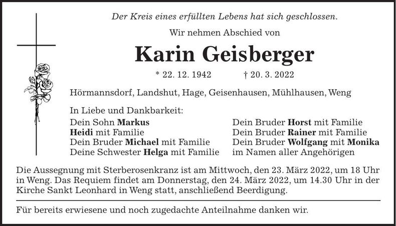 Traueranzeige Karin Geisberger