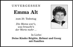 Traueranzeige Emma Alt
