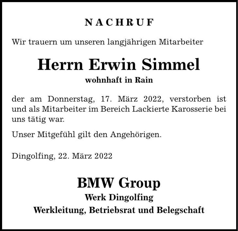Traueranzeige Erwin Simmel