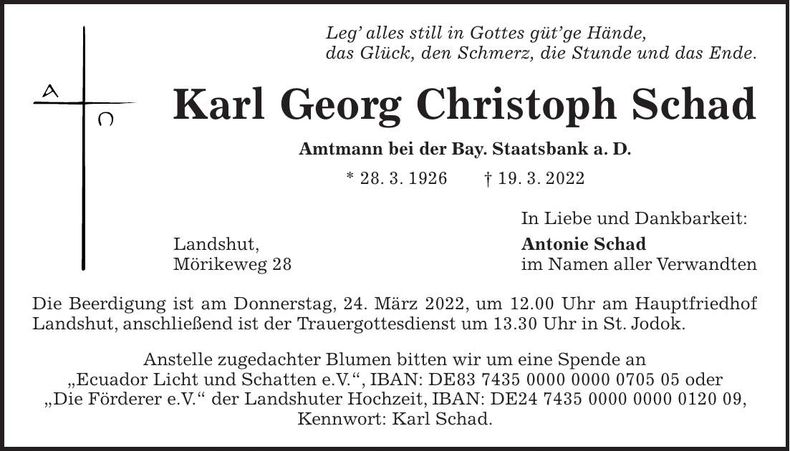 Traueranzeige Karl Georg Christoph Schad