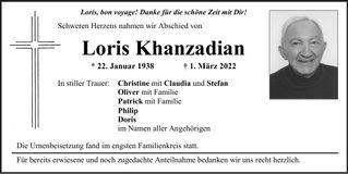 Traueranzeige Loris Khanzadian