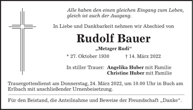 Traueranzeige Rudolf Bauer