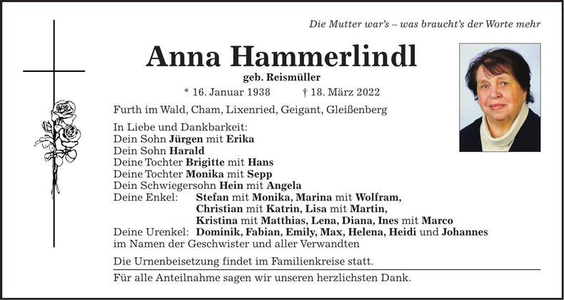 Traueranzeige Anna Hammerlindl