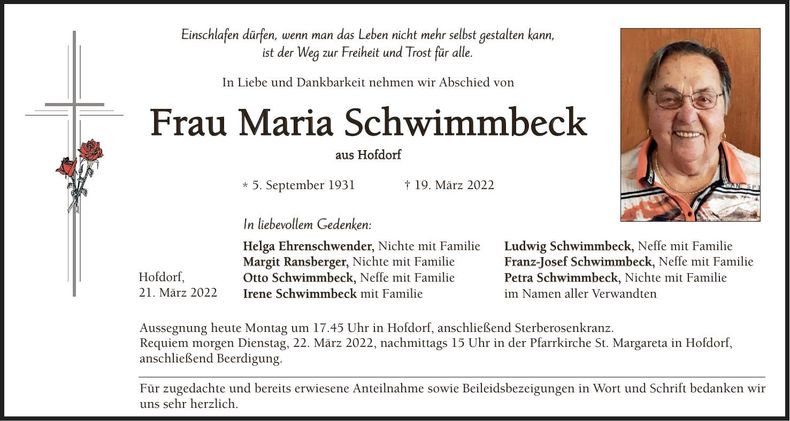 Traueranzeige Maria Schwimmbeck