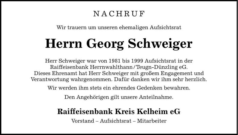Traueranzeige Georg Schweiger