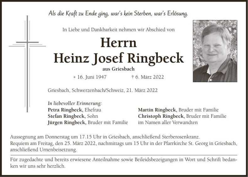 Traueranzeige Josef Ringbeck