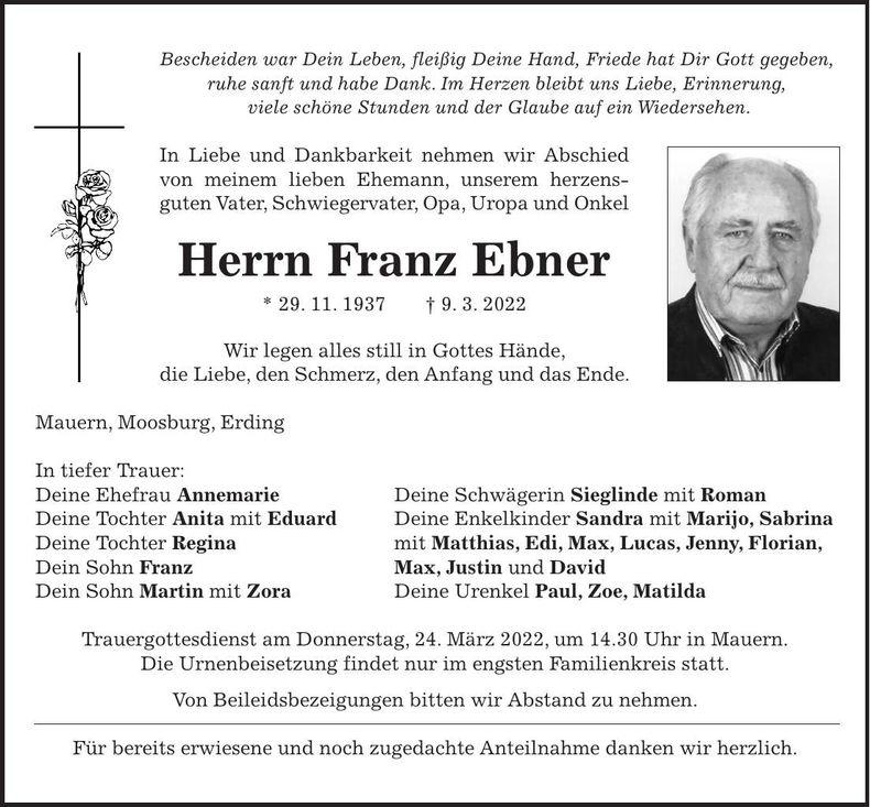 Traueranzeige Franz Ebner