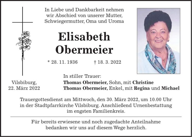 Traueranzeige Elisabeth Obermeier