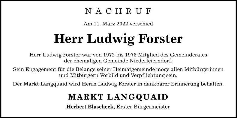 Traueranzeige Ludwig Forster