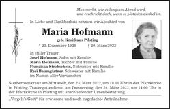 Traueranzeige Maria Hofmann