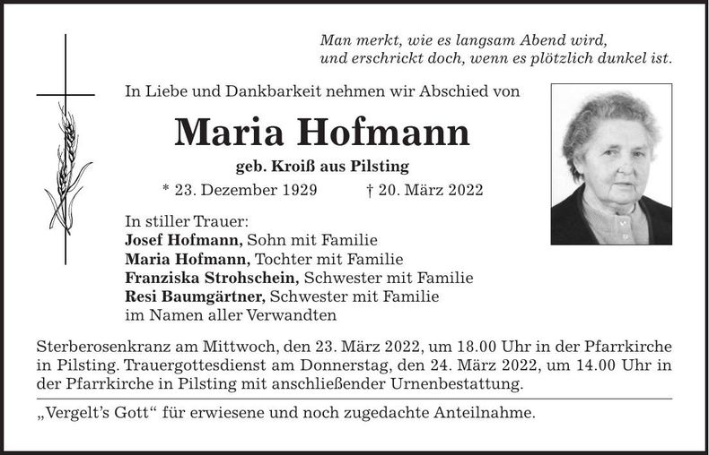 Traueranzeige Maria Hofmann