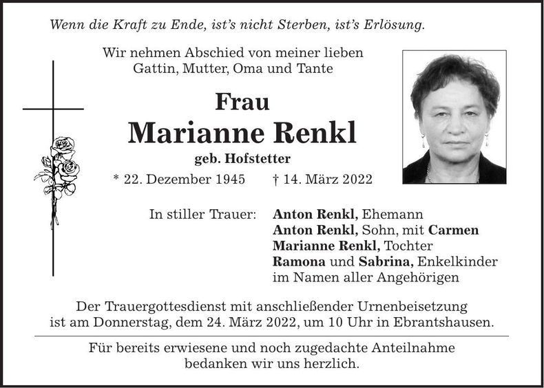 Traueranzeige Marianne Renkl