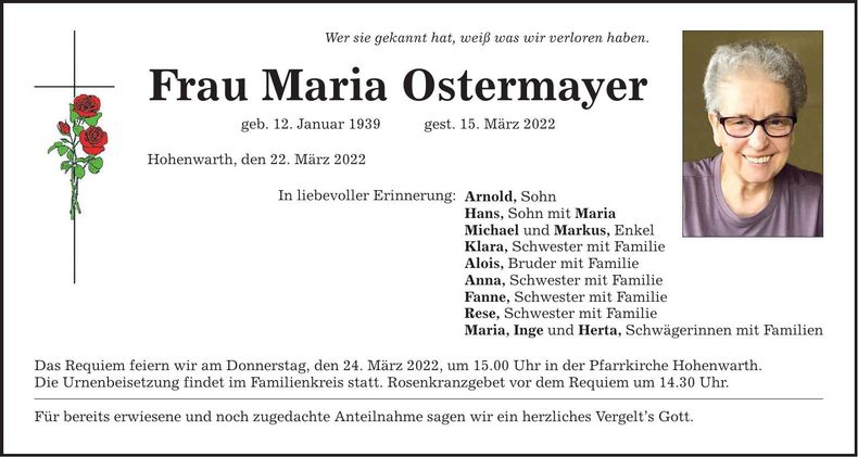Traueranzeige Maria Ostermayer