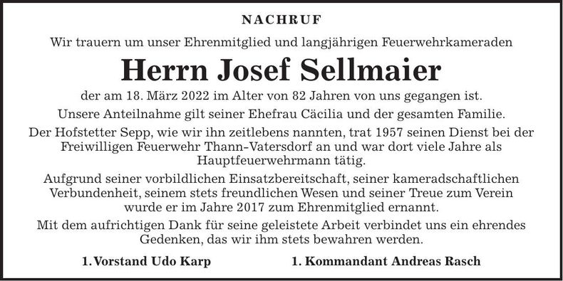 Traueranzeige Josef Sellmaier