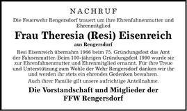 Traueranzeige Theresia Eisenreich