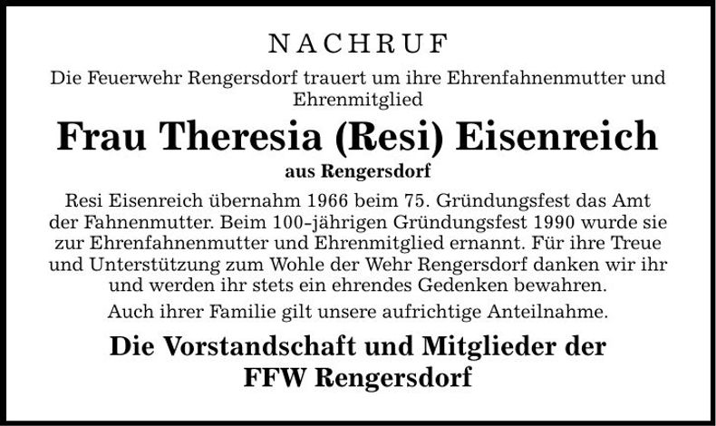 Traueranzeige Theresia Eisenreich