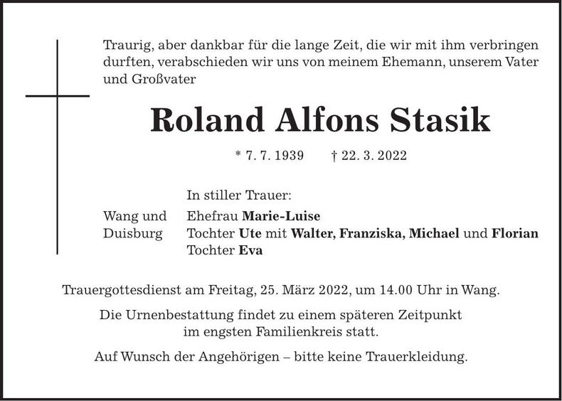 Traueranzeige Roland-Alfons Stasik