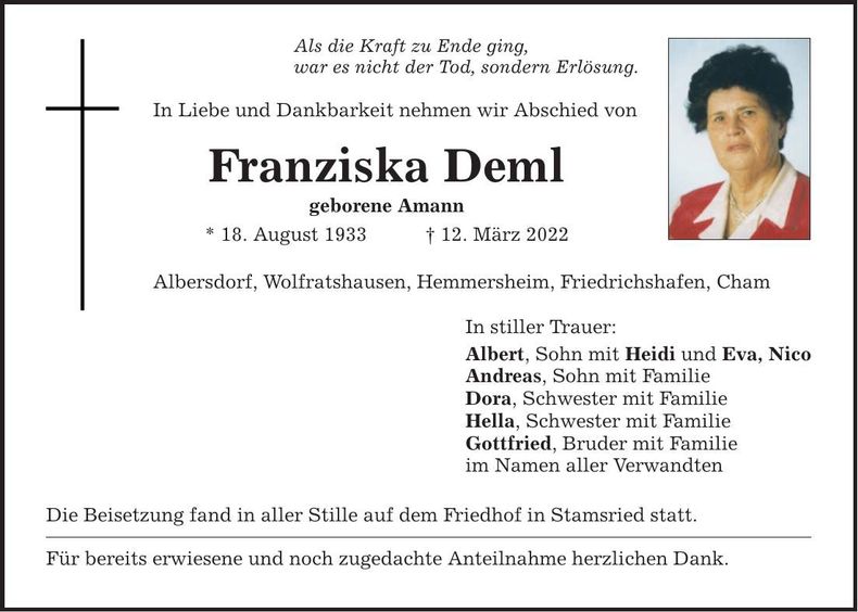 Traueranzeige Franziska Deml