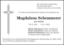 Traueranzeige Magdalena Schemmerer