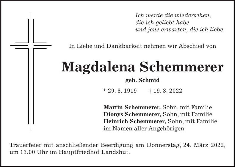 Traueranzeige Magdalena Schemmerer