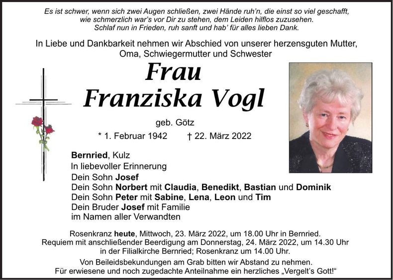 Traueranzeige Franziska Vogl