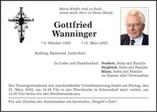 Traueranzeige Gottfried Wanninger