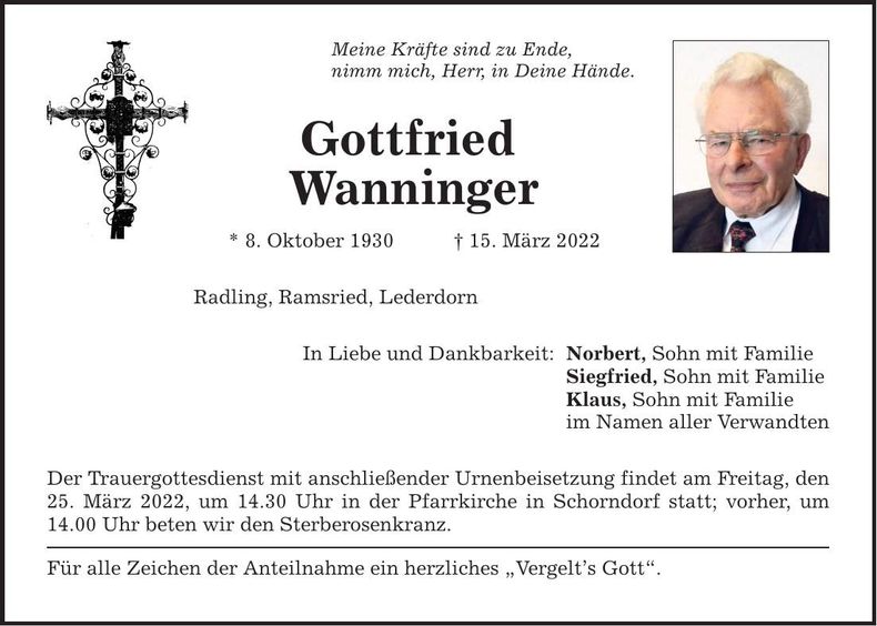 Traueranzeige Gottfried Wanninger
