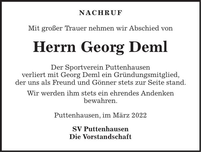 Traueranzeige Georg Deml