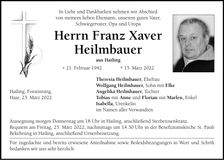 Traueranzeige Franz Xaver Heilmbauer