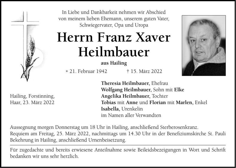 Traueranzeige Franz Xaver Heilmbauer
