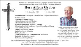 Traueranzeige Alfons Gruber