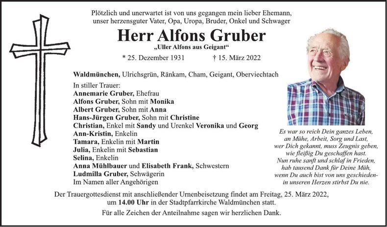 Traueranzeige Alfons Gruber