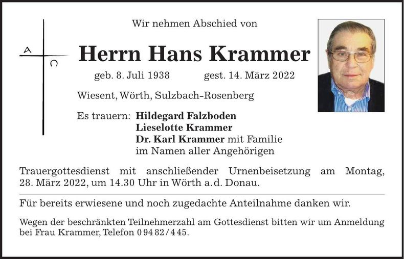 Traueranzeige Hans Krammer