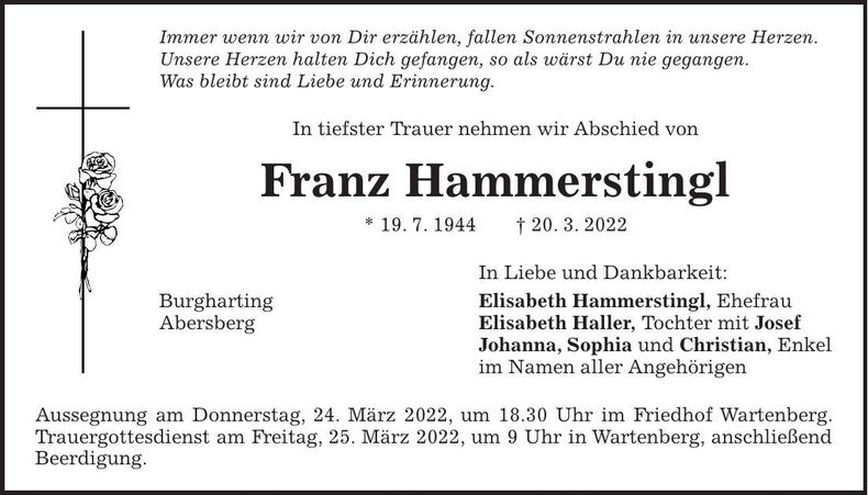 Traueranzeige Franz Hammerstingl