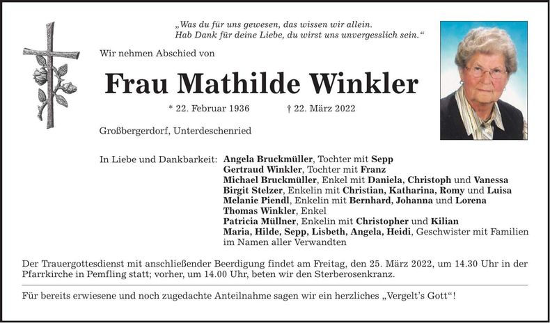 Traueranzeige Mathilde Winkler