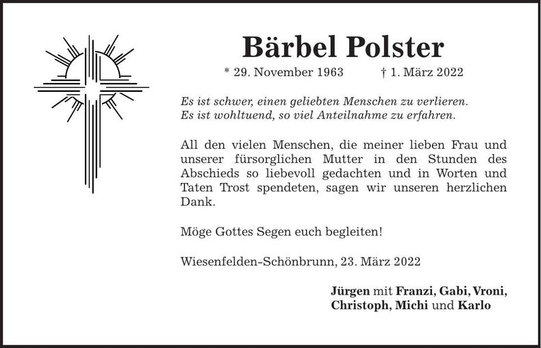 Traueranzeige Bärbel Polster