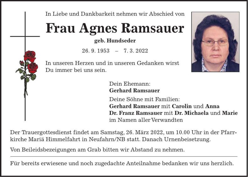 Traueranzeige Agnes Ramsauer