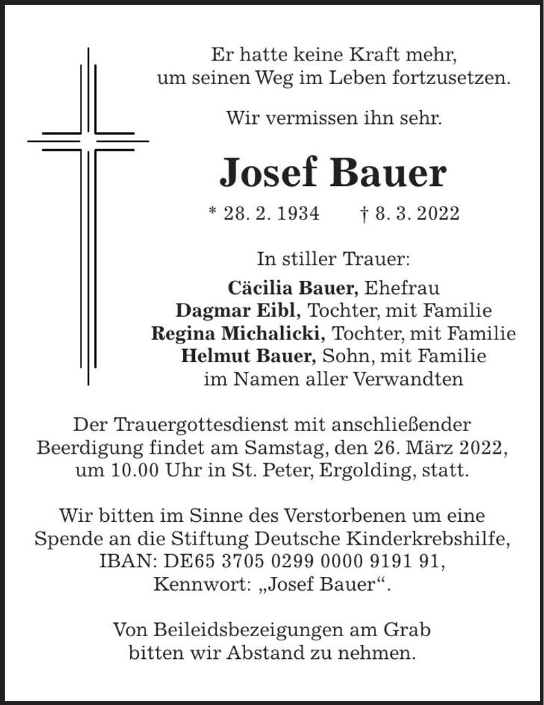 Traueranzeige Josef Bauer