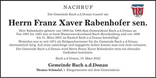 Traueranzeige Franz Xaver Rabenhofer
