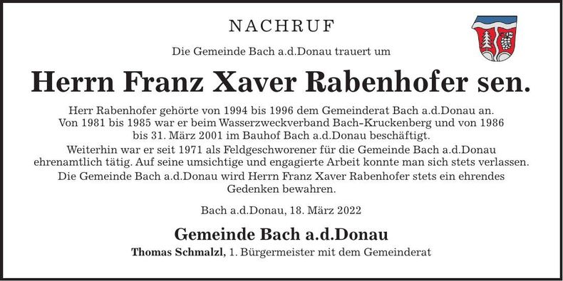 Traueranzeige Franz Xaver Rabenhofer