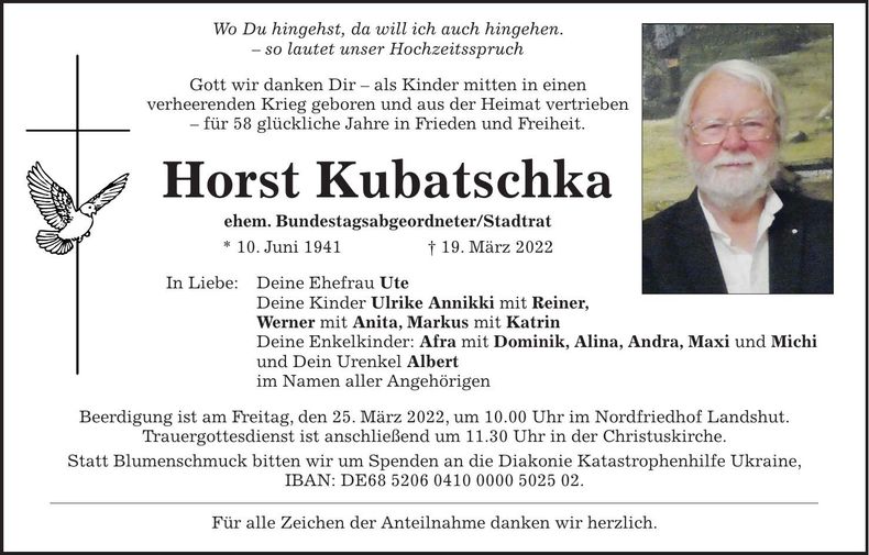 Traueranzeige Horst Kubatschka