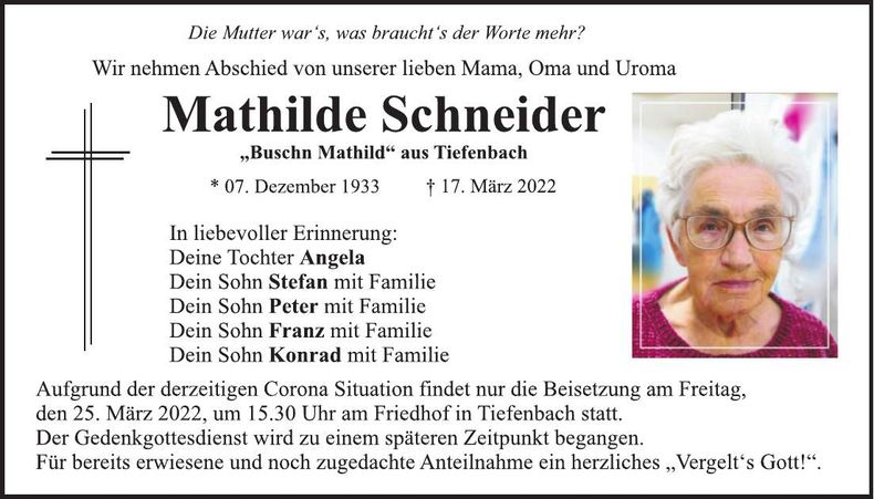 Traueranzeige Mathilde Schneider