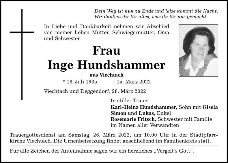 Traueranzeige Inge Hundshammer