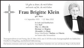 Traueranzeige Brigitte Klein