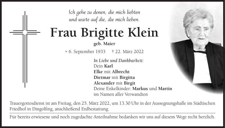 Traueranzeige Brigitte Klein