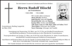 Traueranzeige Rudolf Höschl