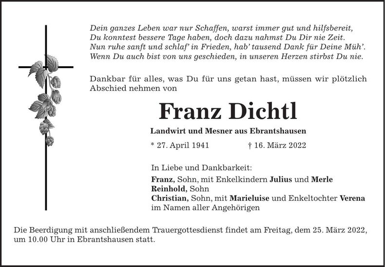 Traueranzeige Franz Dichtl