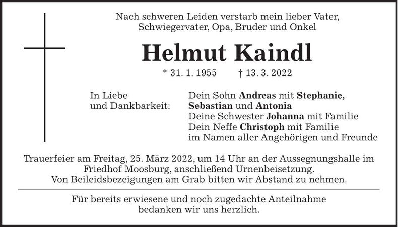 Traueranzeige Helmut Kaindl